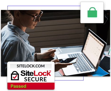 SiteLock Secure logo with woman looking at credit card, laptop, and mobile phone at desk